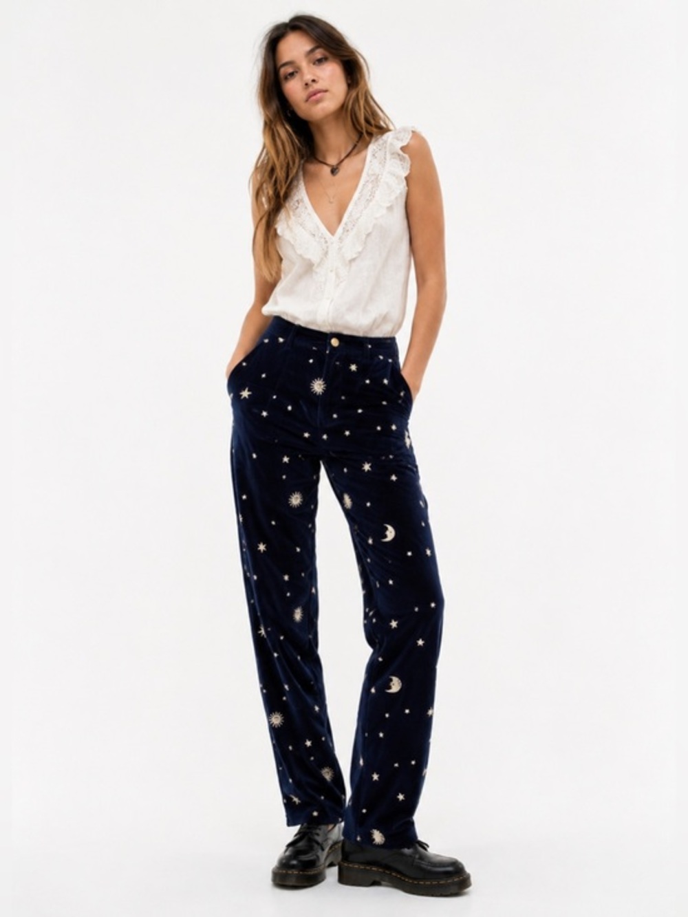Meadows Cassia Celestial Velvet Pants Navy Moon Star Embroidered Whimsigoth 24